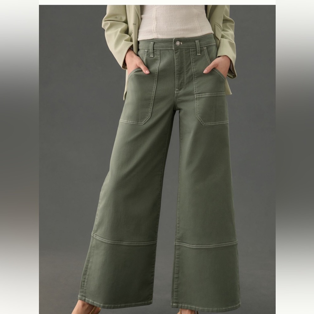 Maeve Stitched High-Rise Wide-Leg Pant in moss